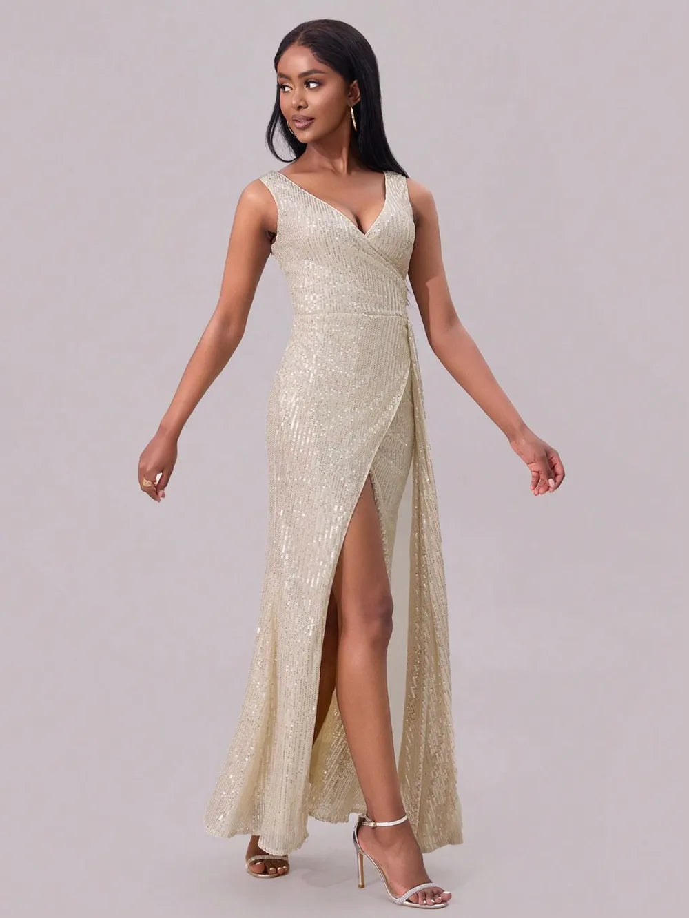 Slit Sequin Surplice Sleeveless Maxi Dress - Velora Luxury Fashion