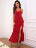 Slit Sequin V-Neck Cami Dress - Velora Luxury Fashion