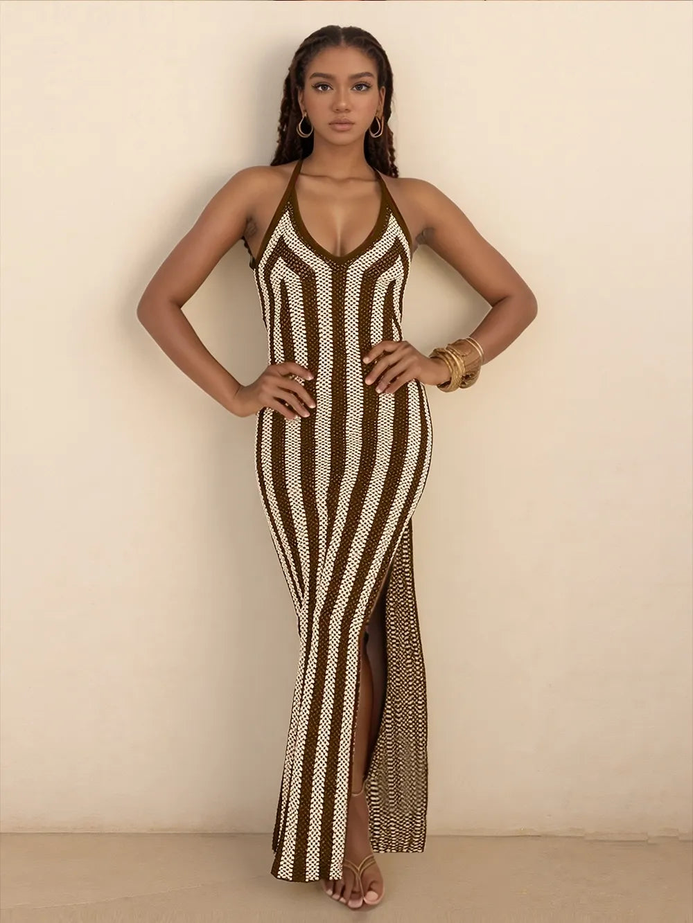 Slit Striped Halter Neck Dress - Velora Luxury Fashion