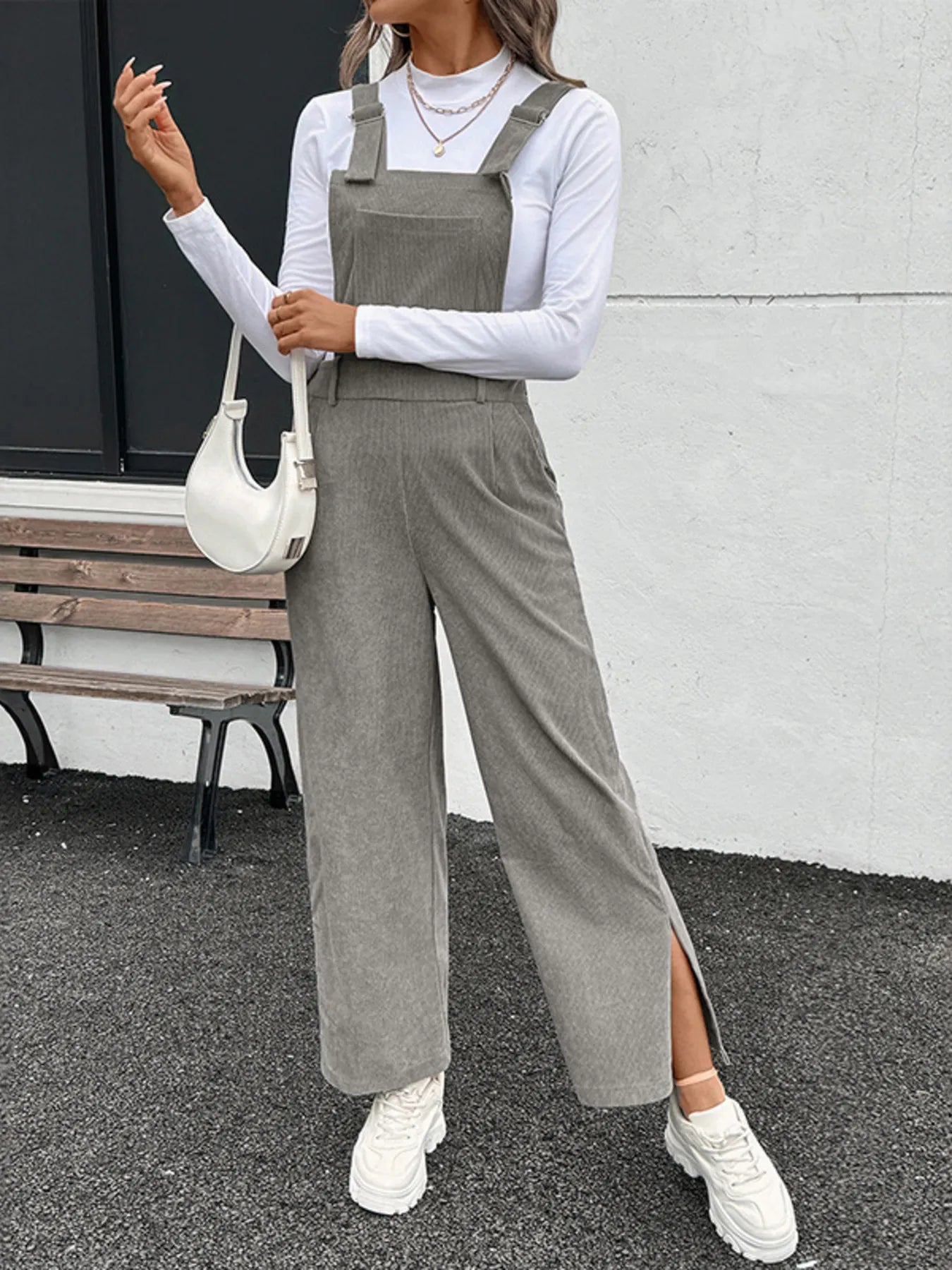 Slit Wide Leg Overalls with Pockets - Velora Luxury Fashion