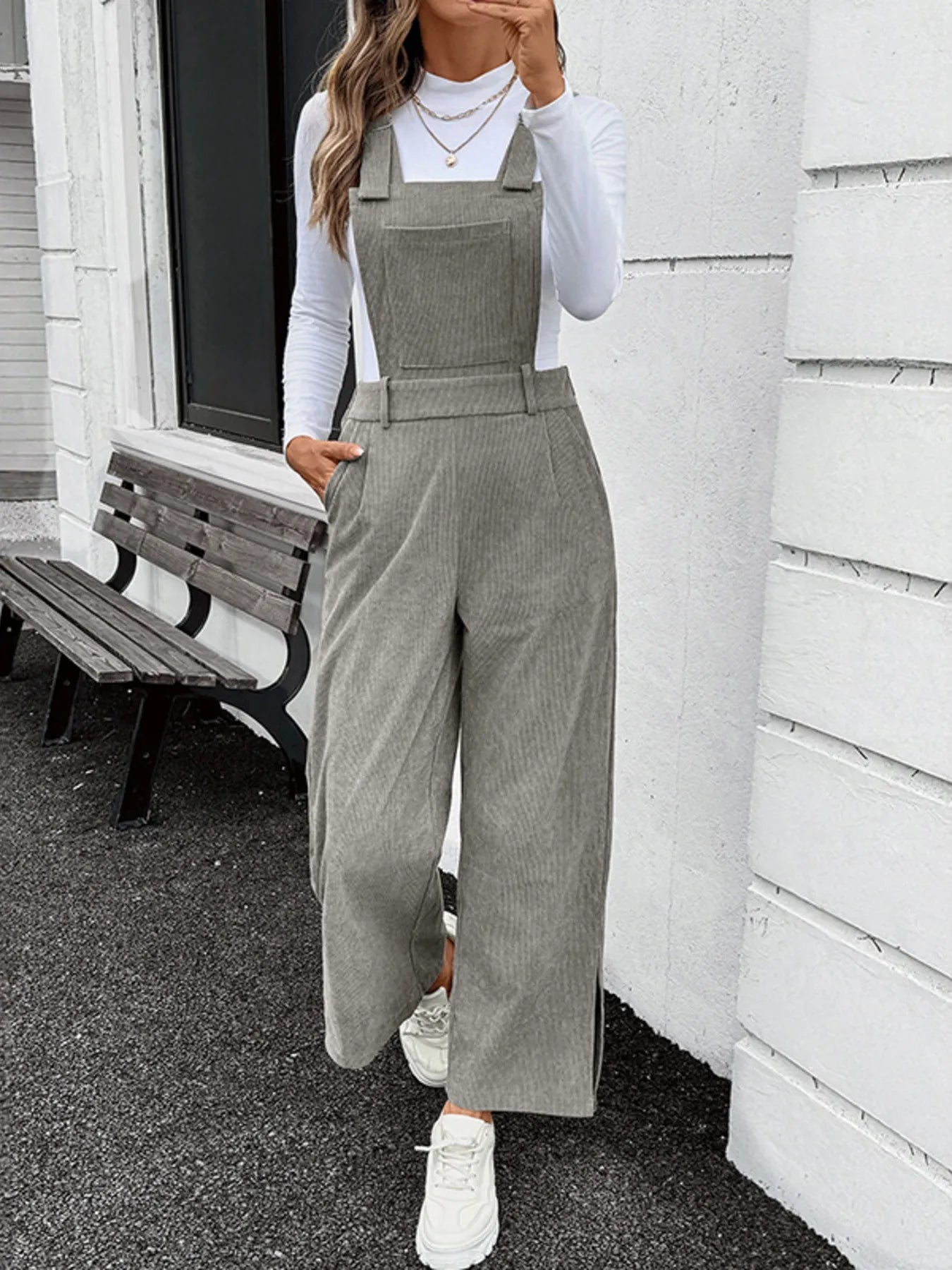 Slit Wide Leg Overalls with Pockets - Velora Luxury Fashion