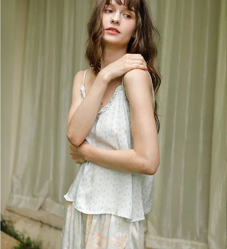 Small Green Flower Bud Sling Short Sleeve Suit Pajamas For Women EX-STOCK Canada
