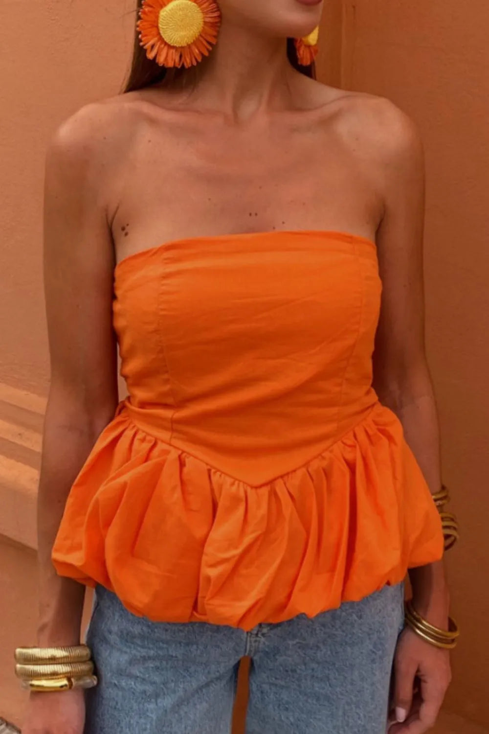 Smocked Back Bubble Hem Tube Top - Velora Luxury Fashion