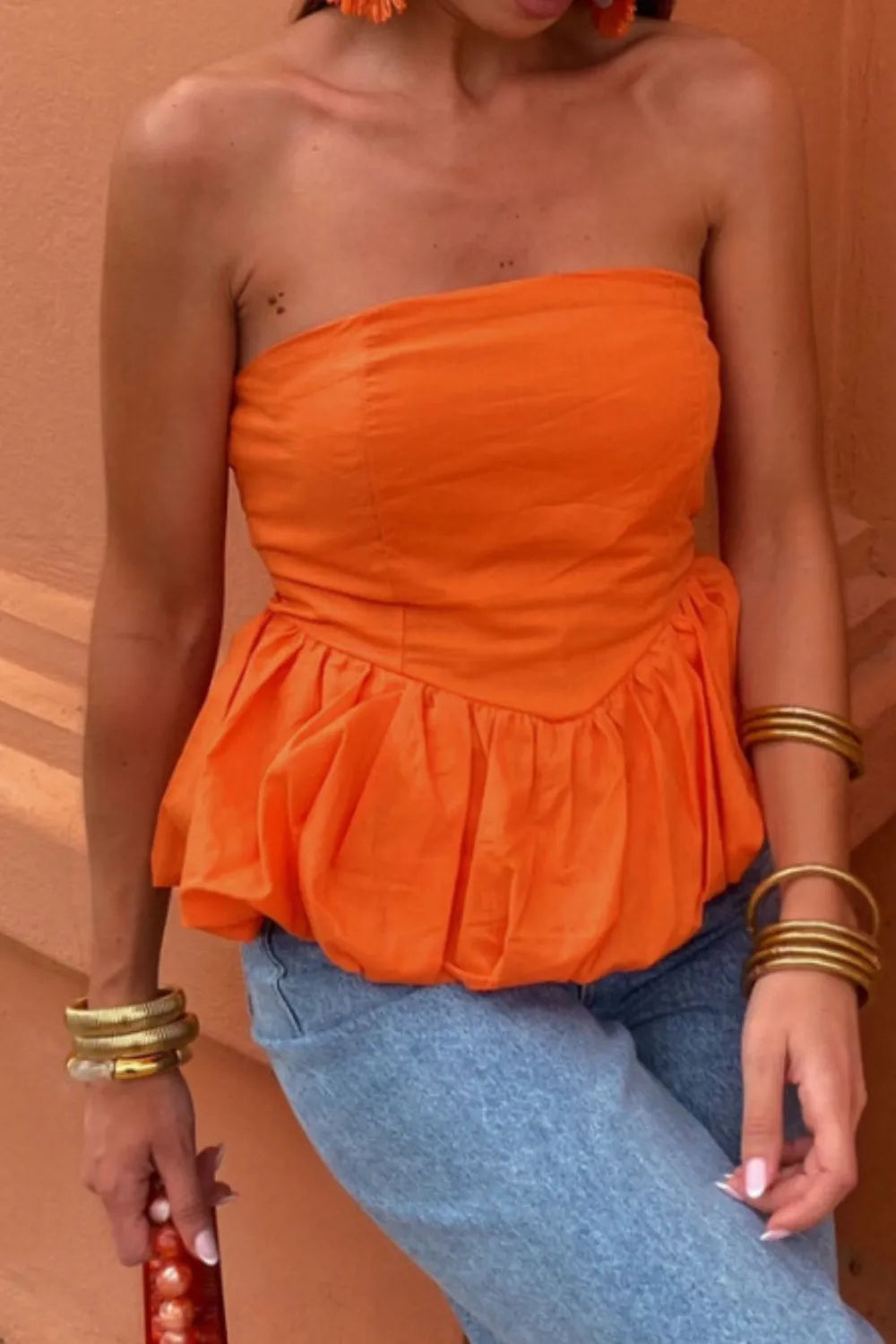 Smocked Back Bubble Hem Tube Top - Velora Luxury Fashion