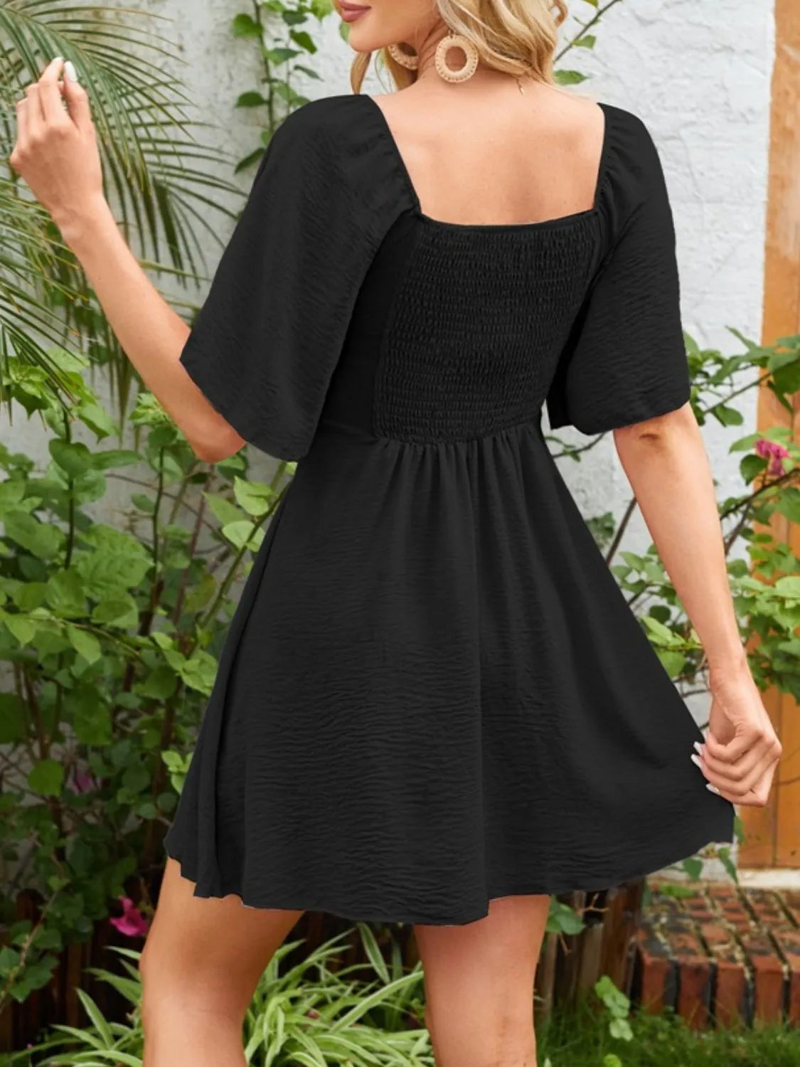 Smocked Back Knotted Flutter Sleeve Dress - Velora Luxury Fashion