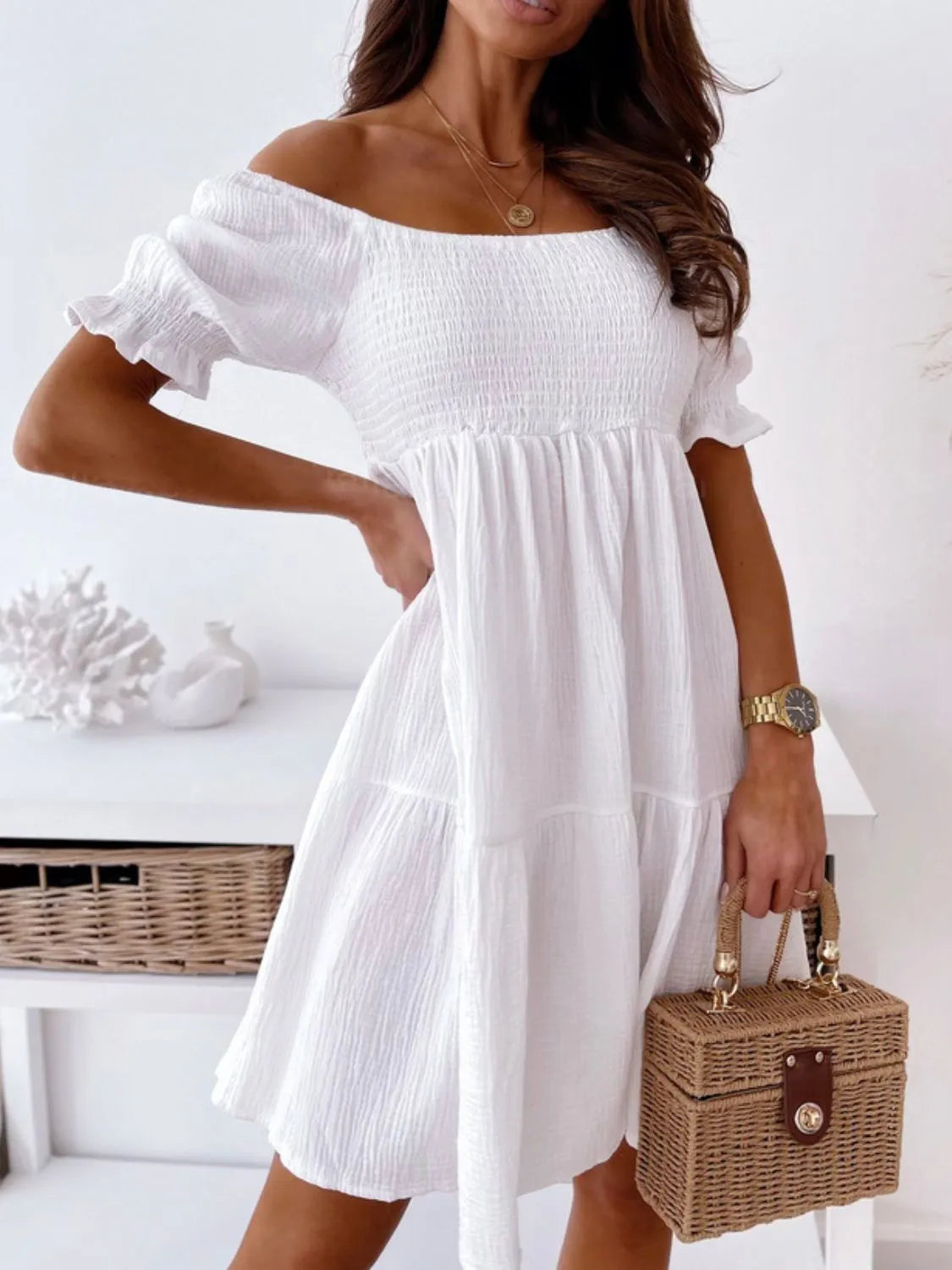 Smocked Off-Shoulder Mini Dress - Velora Luxury Fashion