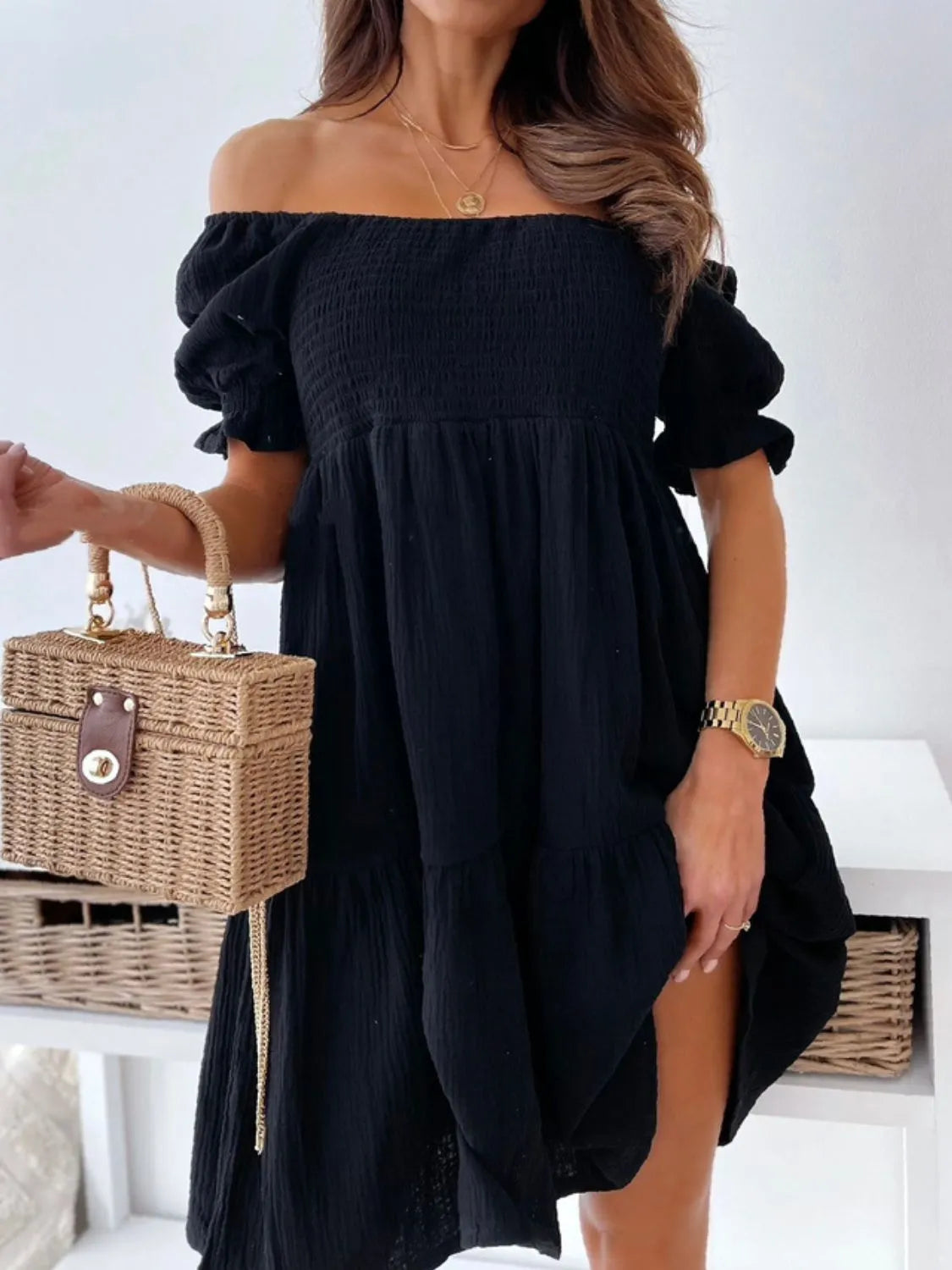 Smocked Off-Shoulder Mini Dress - Velora Luxury Fashion