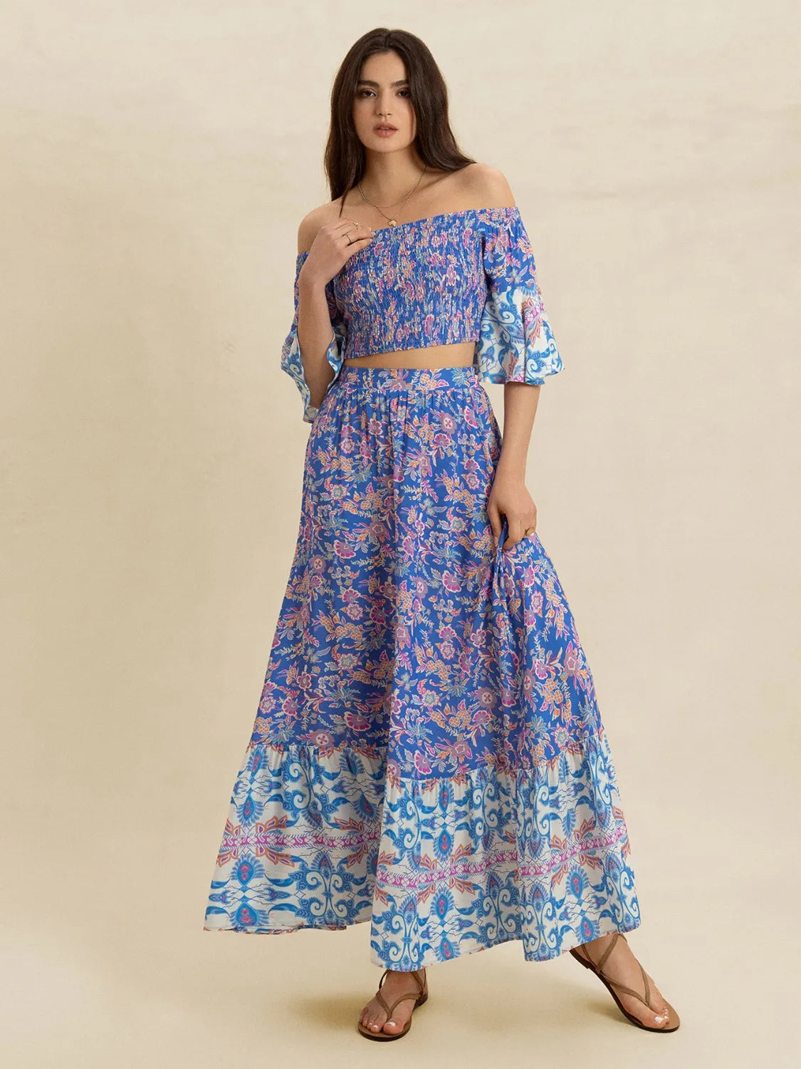 Smocked Off-Shoulder Printed Top and Skirt Set - Velora