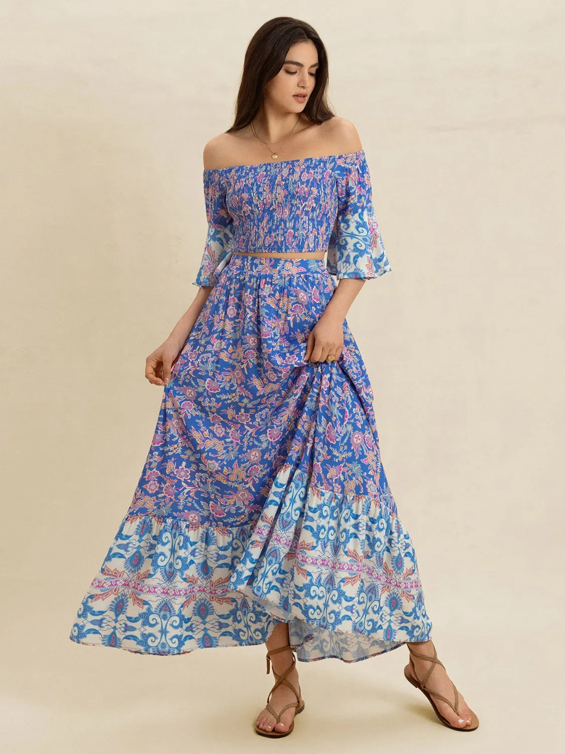 Smocked Off-Shoulder Printed Top and Skirt Set - Velora