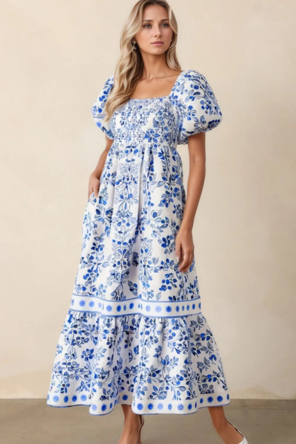 Smocked Printed Square Neck Puff Sleeve Dress - Velora Luxury Fashion