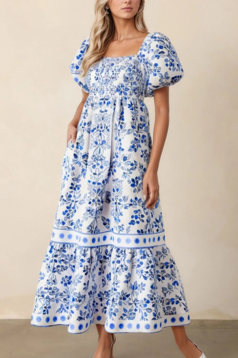 Smocked Printed Square Neck Puff Sleeve Dress - Velora Luxury Fashion
