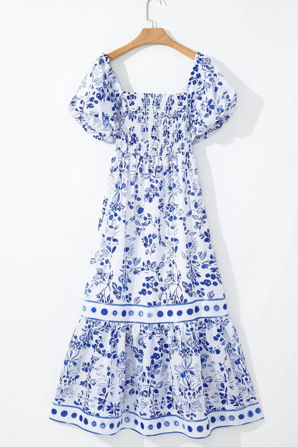 Smocked Printed Square Neck Puff Sleeve Dress - Velora Luxury Fashion