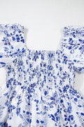 Smocked Printed Square Neck Puff Sleeve Dress - Velora Luxury Fashion