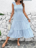 Smocked Striped Wide Striped Midi Dress - Velora Luxury Fashion