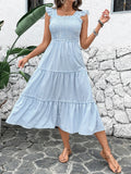 Smocked Striped Wide Striped Midi Dress - Velora Luxury Fashion