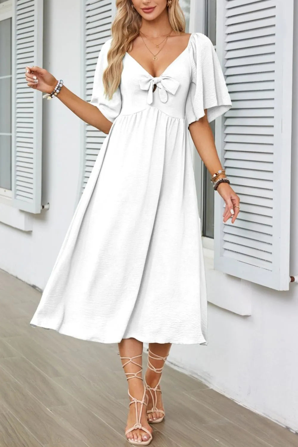 Smocked Tie Front Flutter Sleeve Midi Dress - Velora Luxury Fashion