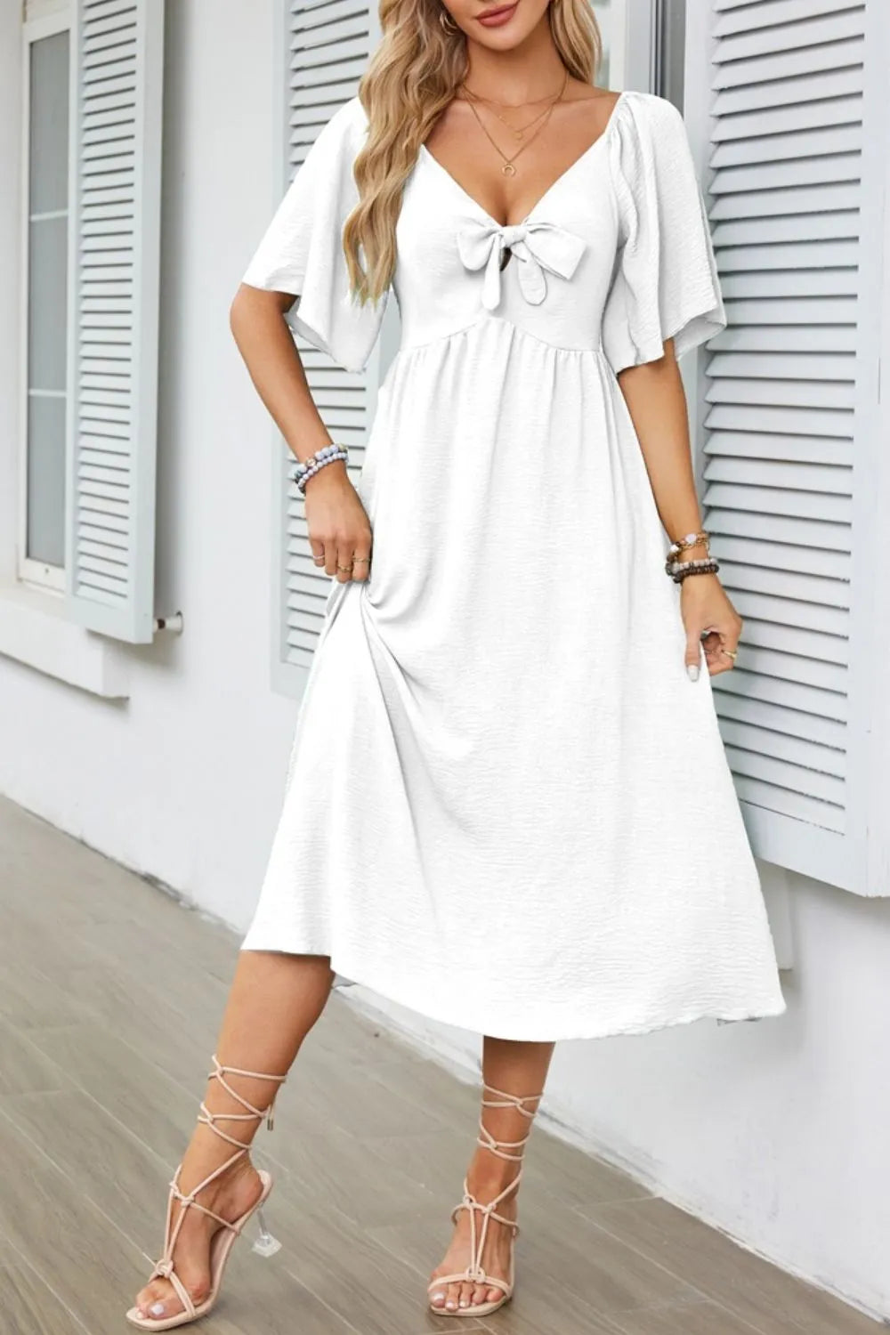 Smocked Tie Front Flutter Sleeve Midi Dress - Velora Luxury Fashion