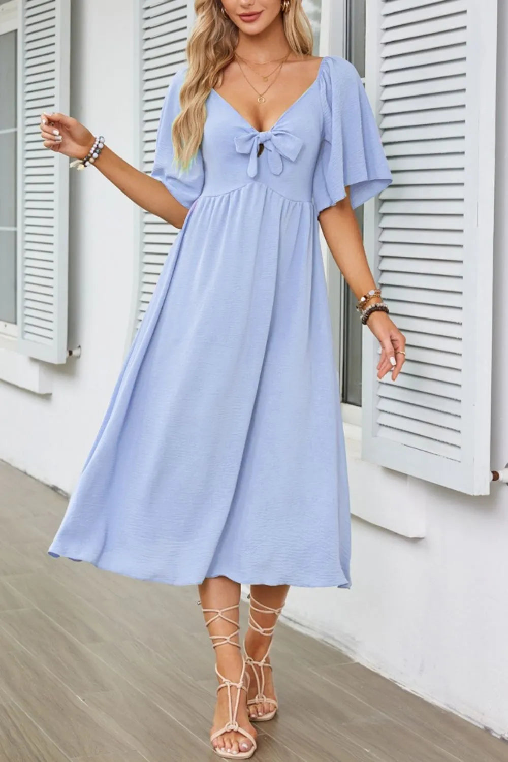 Smocked Tie Front Flutter Sleeve Midi Dress - Velora Luxury Fashion