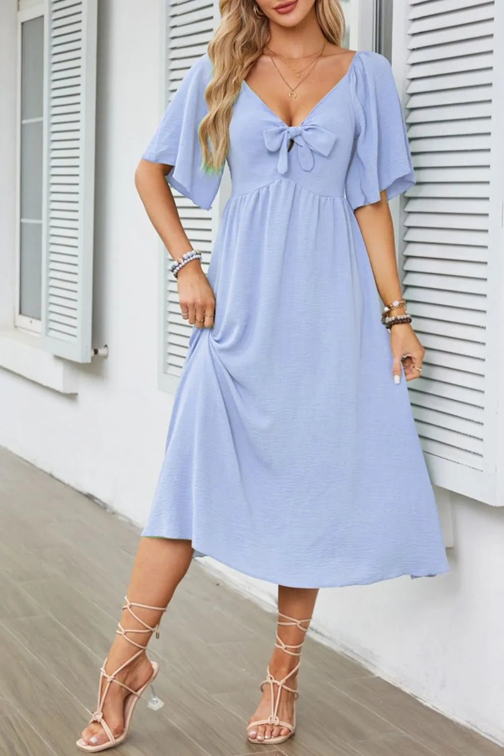 Smocked Tie Front Flutter Sleeve Midi Dress - Velora Luxury Fashion