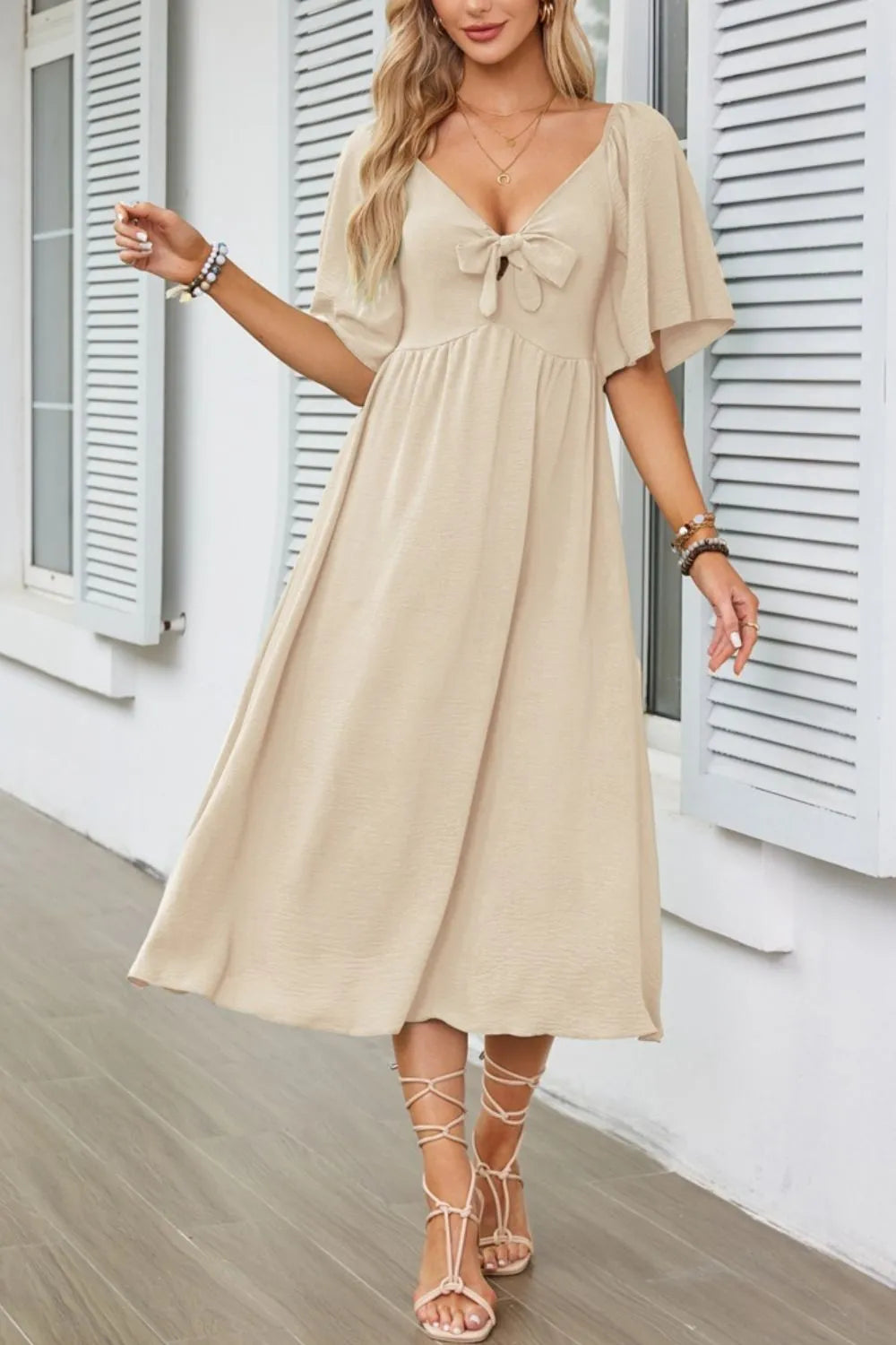 Smocked Tie Front Flutter Sleeve Midi Dress - Velora Luxury Fashion