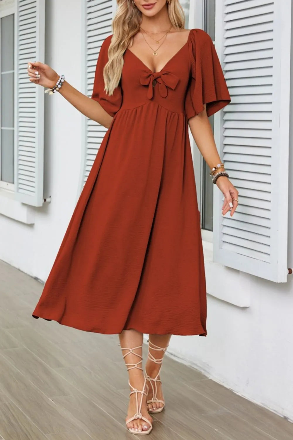 Smocked Tie Front Flutter Sleeve Midi Dress - Velora Luxury Fashion
