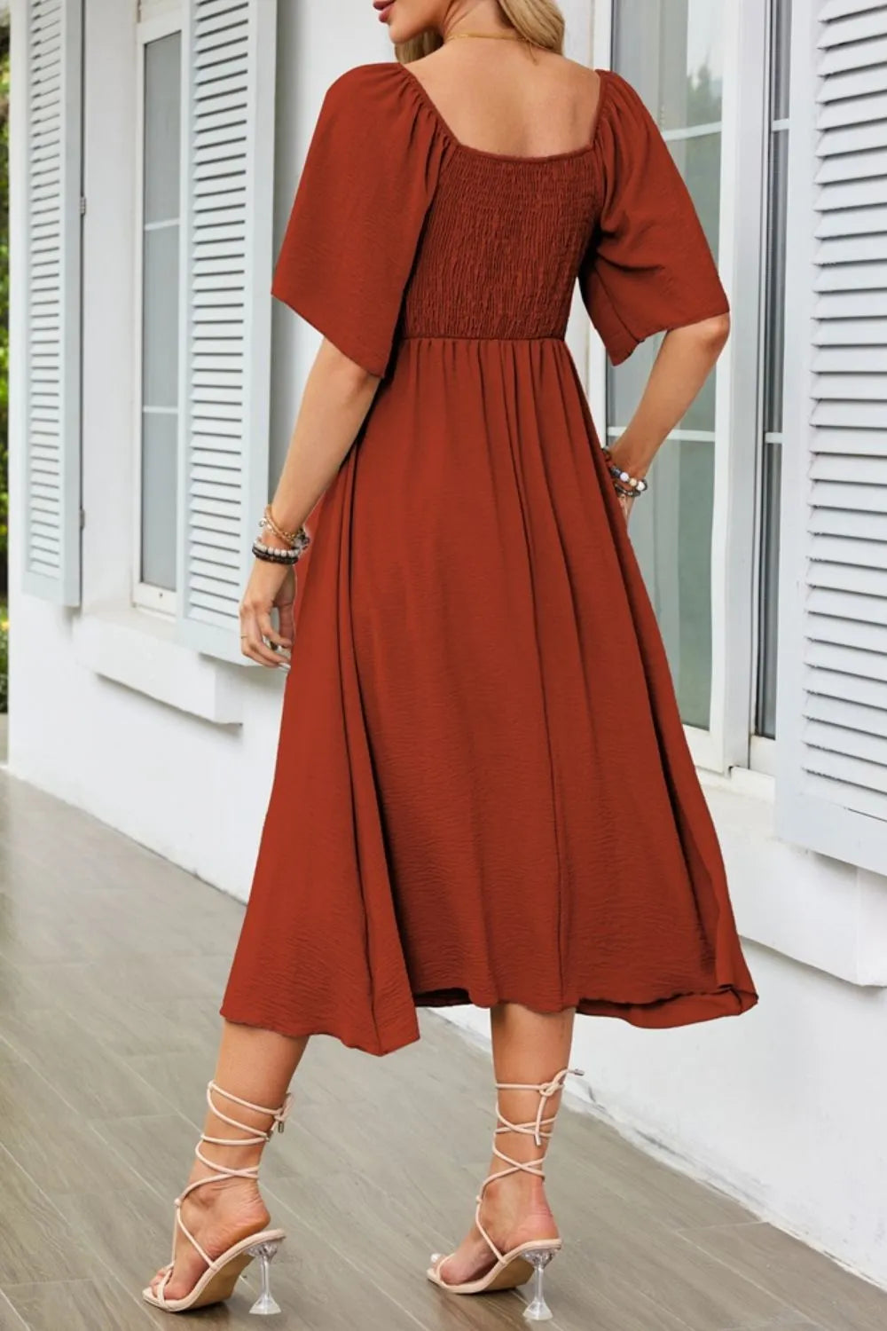 Smocked Tie Front Flutter Sleeve Midi Dress - Velora Luxury Fashion