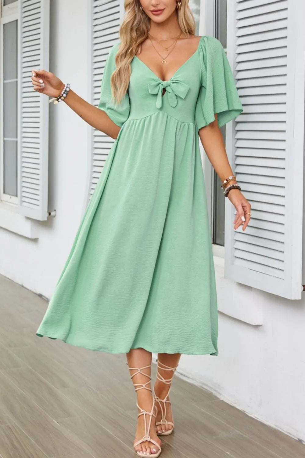Smocked Tie Front Flutter Sleeve Midi Dress - Velora Luxury Fashion