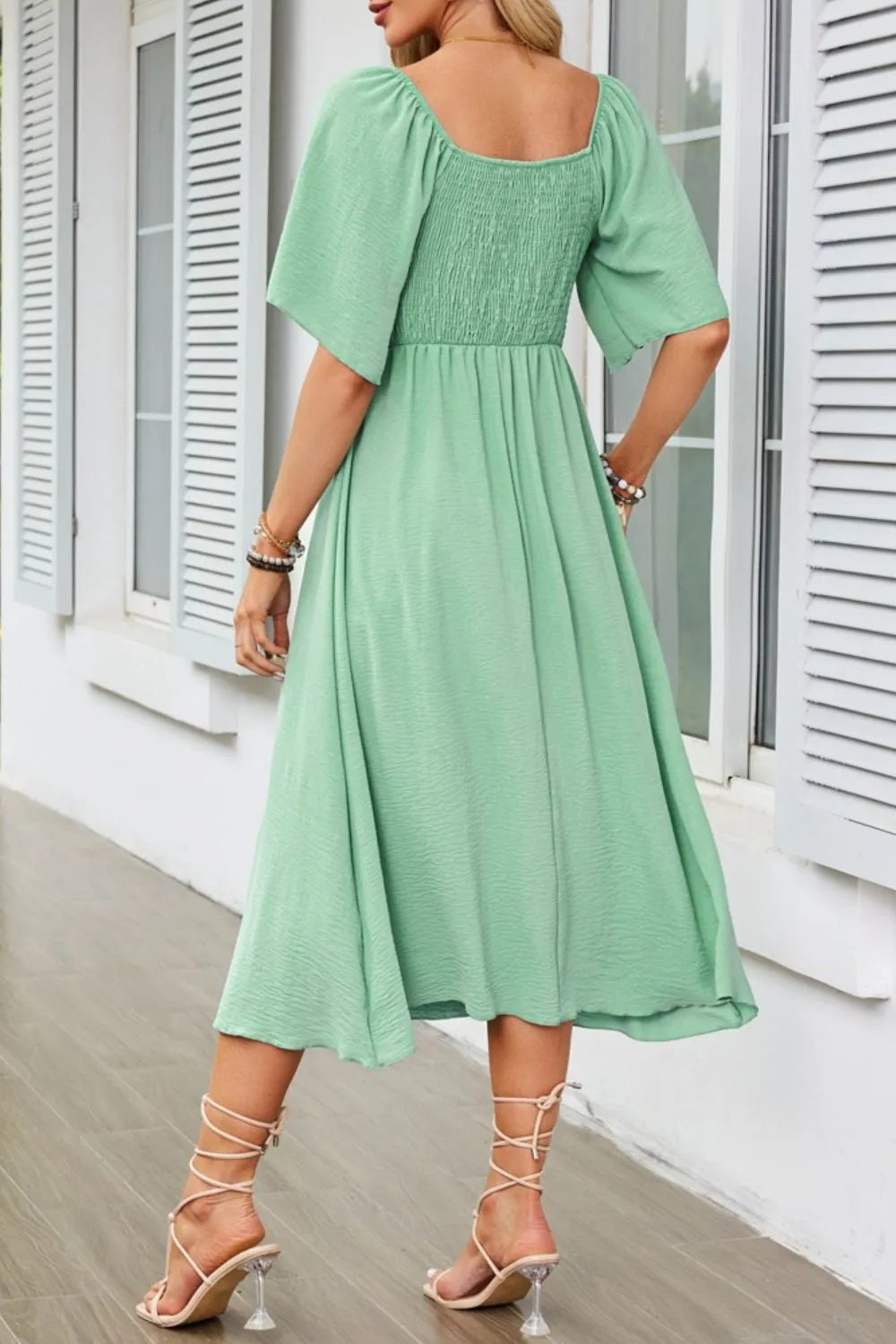 Smocked Tie Front Flutter Sleeve Midi Dress - Velora Luxury Fashion