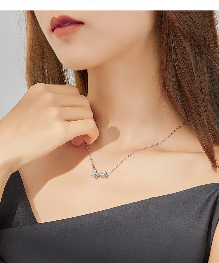 Soar with Style: Blue Zircon Korean Style Sterling Silver Butterfly Necklace - Velora Luxury Fashion