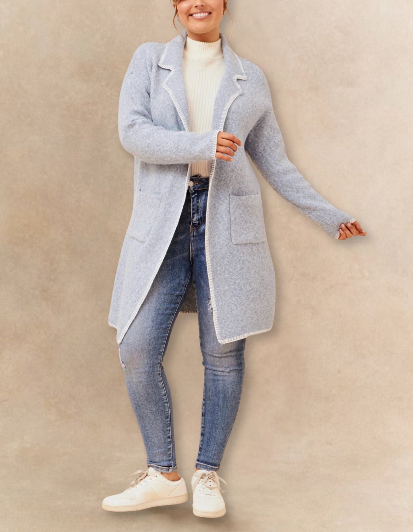 Solana Knit Cardigan Long Open-Front Contrast Stitching Pockets