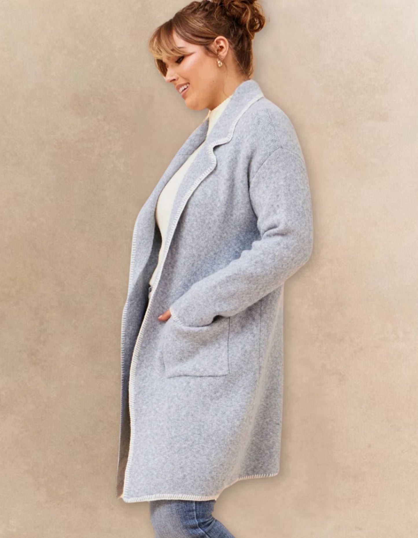 Solana Knit Cardigan Long Open-Front Contrast Stitching Pockets