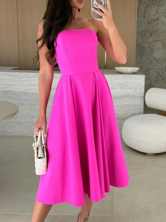 Solid Color Tube Midi Dress - Velora Luxury Fashion
