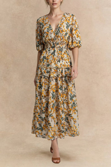Sophie V-Neck Midi Dress Bell Sleeve Smocked