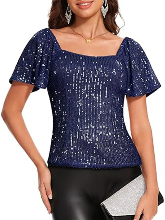 Square Neck Sequin Short Sleeve Blouse - Velora Luxury Fashion