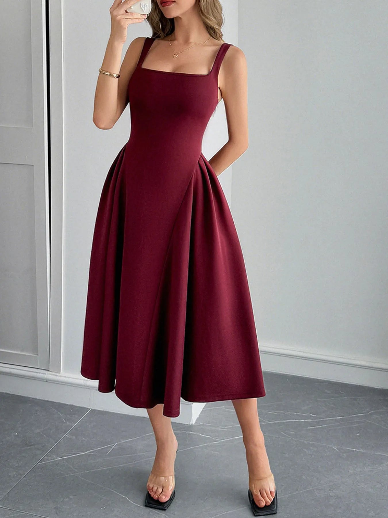 Square Neck Wide Strap Midi Dress - Velora Luxury Fashion