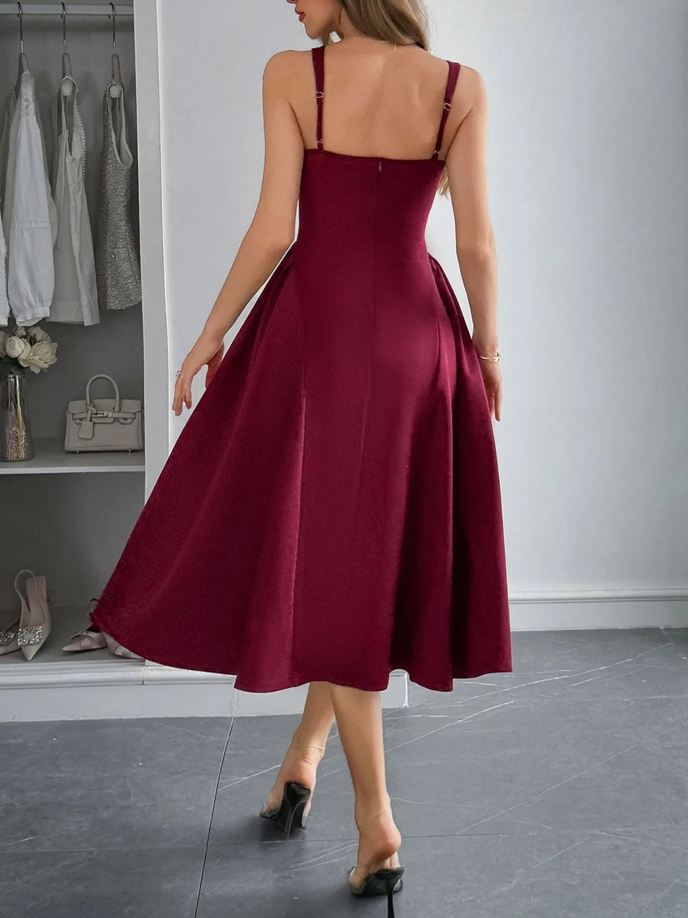 Square Neck Wide Strap Midi Dress - Velora Luxury Fashion