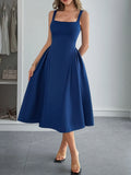 Square Neck Wide Strap Midi Dress - Velora Luxury Fashion