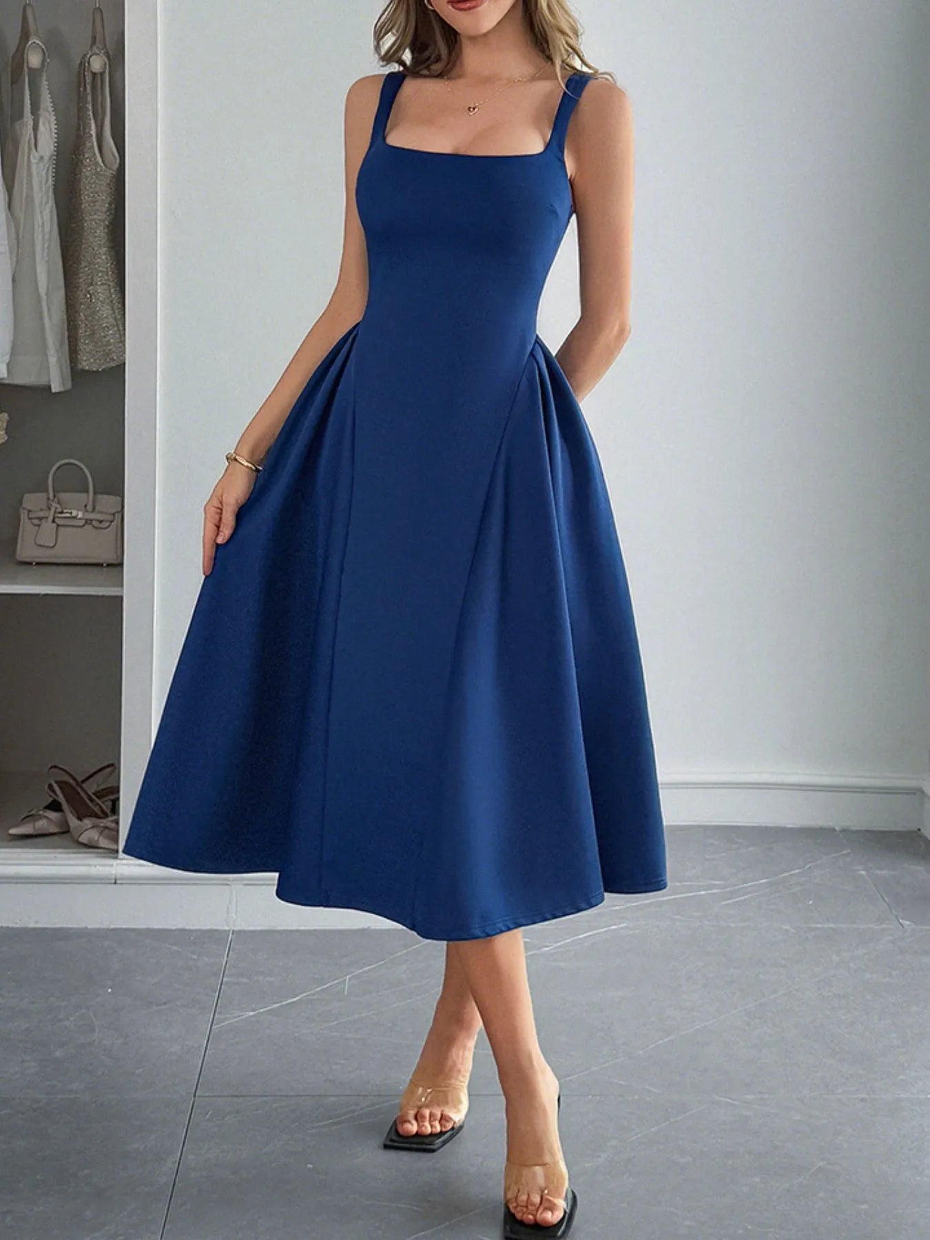 Square Neck Wide Strap Midi Dress - Velora Luxury Fashion