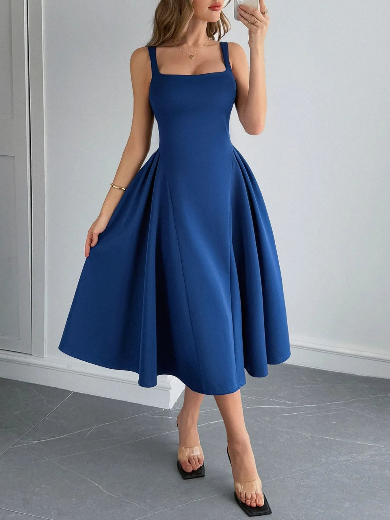 Square Neck Wide Strap Midi Dress - Velora Luxury Fashion