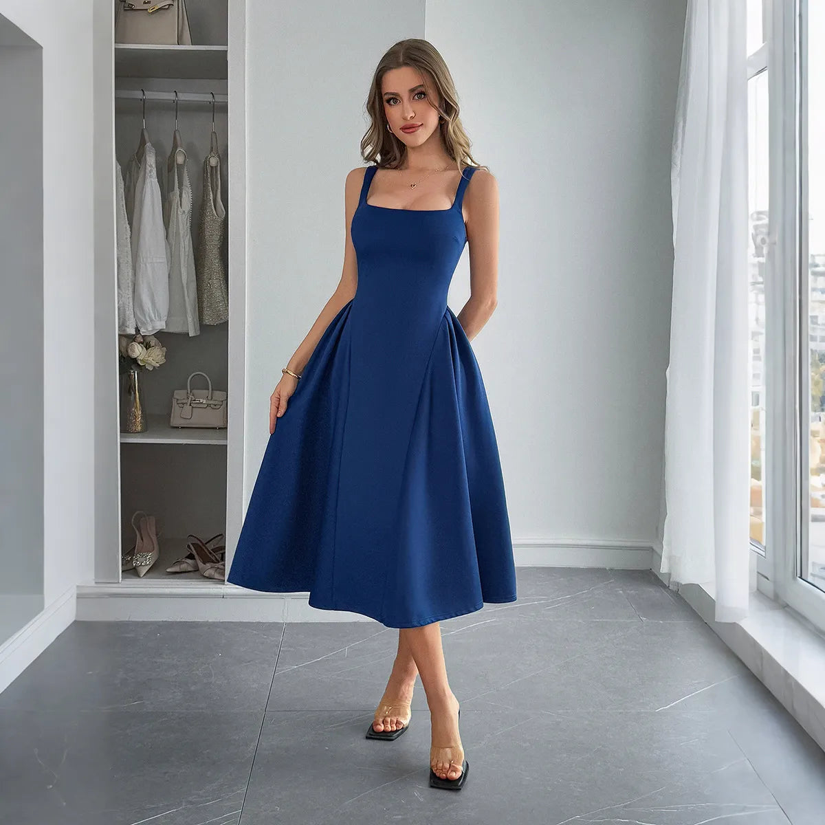 Square Neck Wide Strap Midi Dress - Velora Luxury Fashion