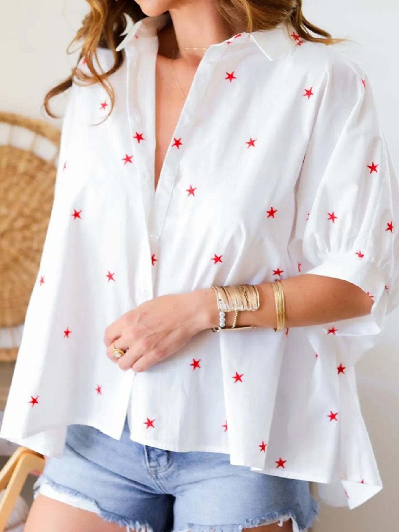 Star Print Puff Sleeve Button-Up Shirt - Velora Luxury Fashion