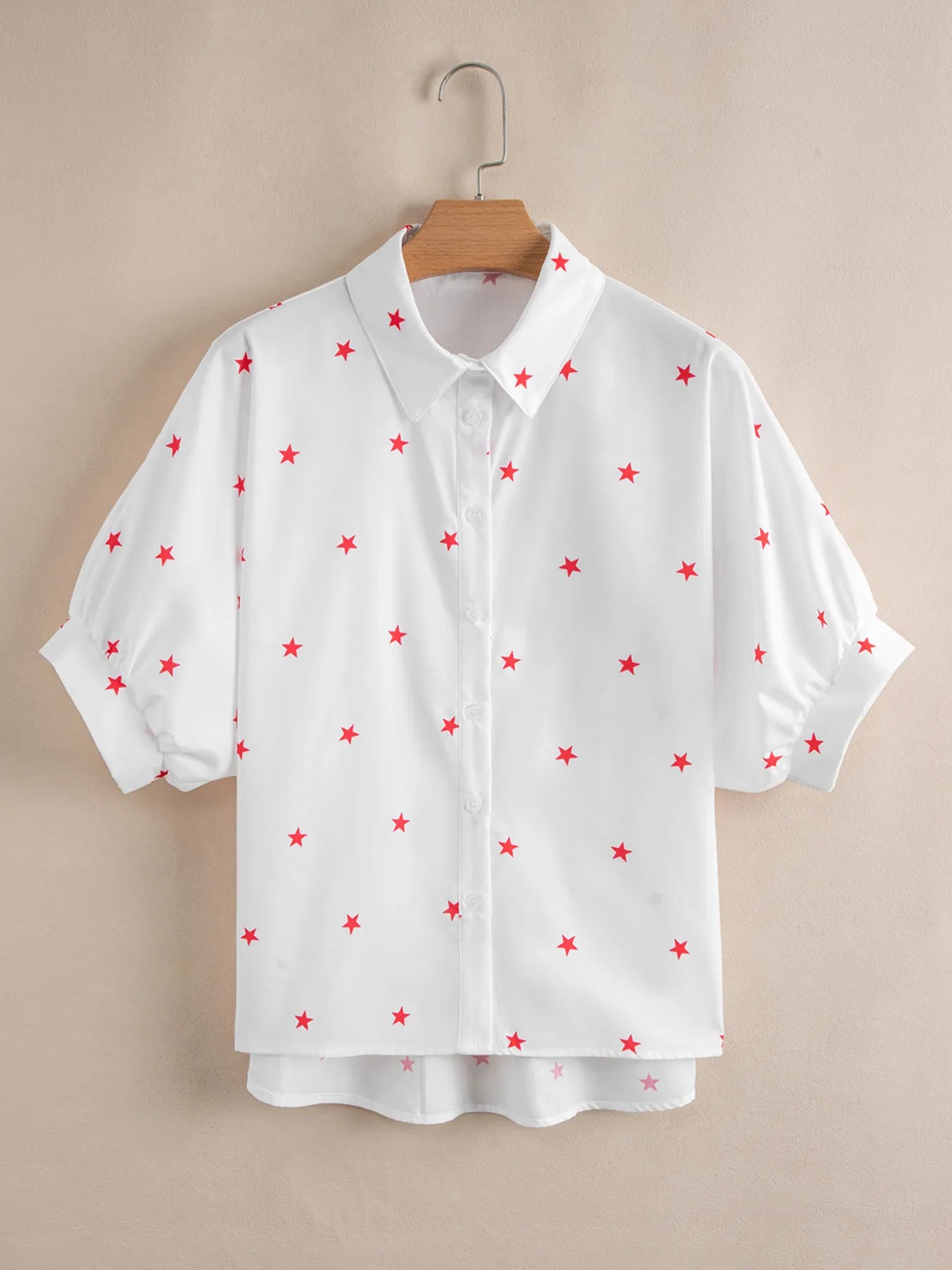 Star Print Puff Sleeve Button-Up Shirt - Velora Luxury Fashion