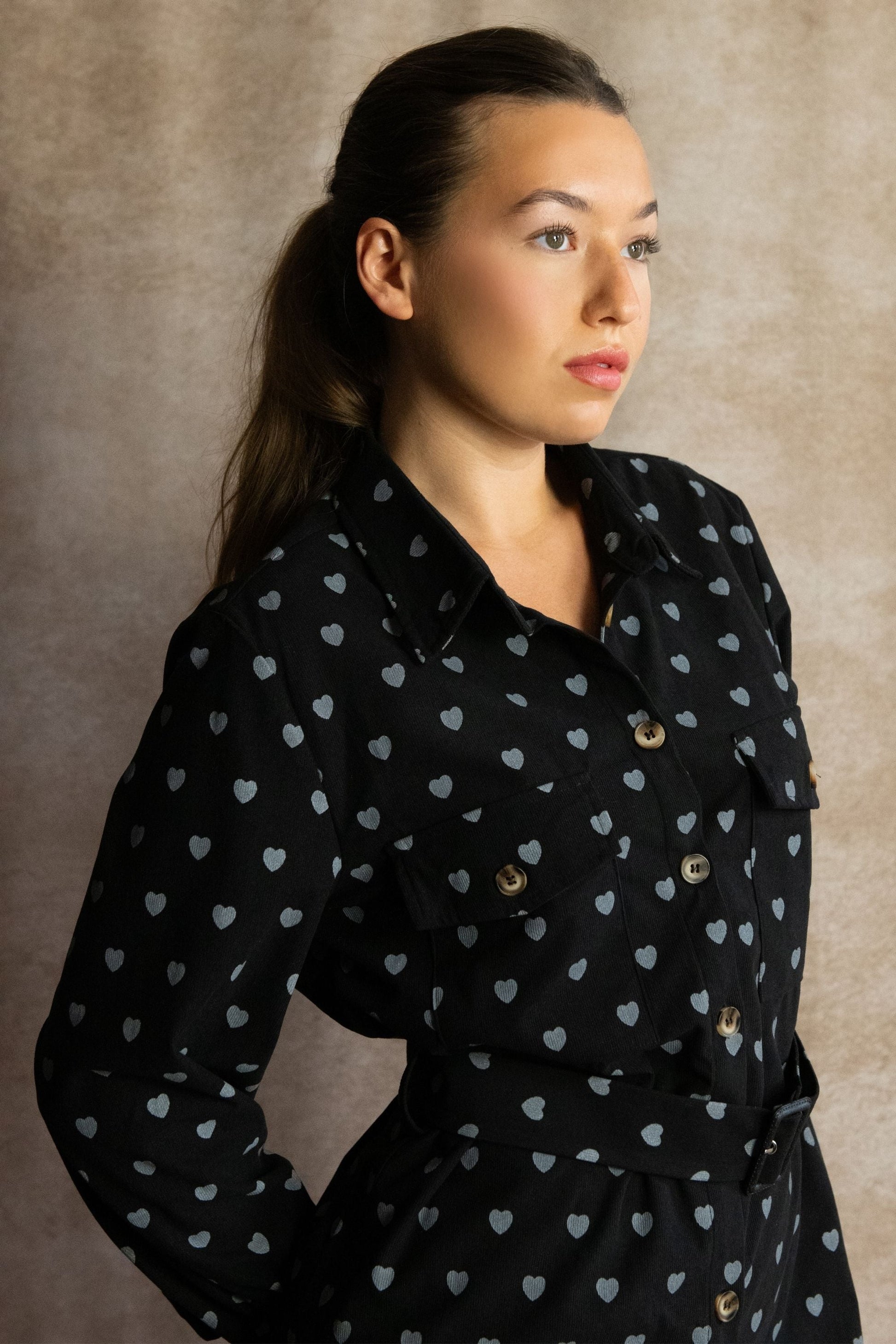 Stephanie Heart Print Tunic Shirt Long Sleeve Button Down Belted - Velora Luxury Fashion