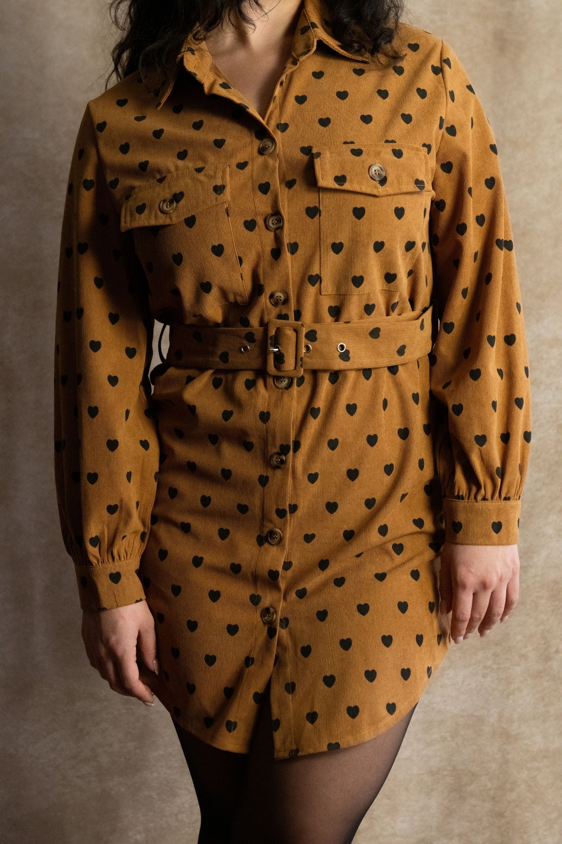 Stephanie Heart Print Tunic Shirt Long Sleeve Button Down Belted - Velora Luxury Fashion