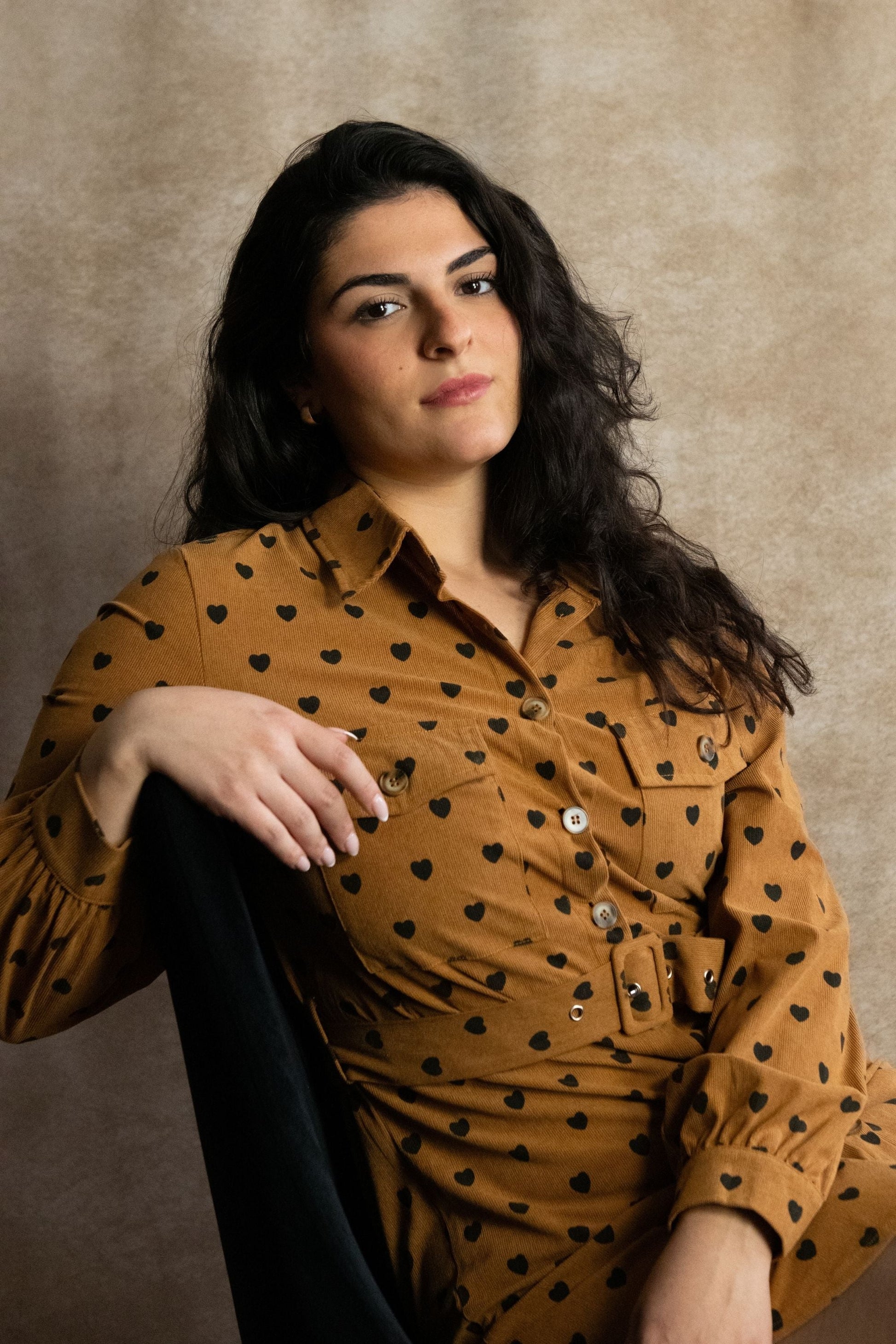 Stephanie Heart Print Tunic Shirt Long Sleeve Button Down Belted - Velora Luxury Fashion