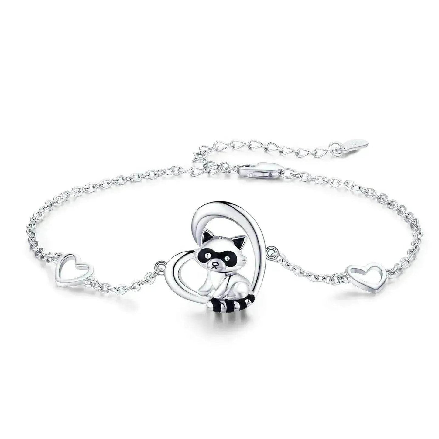 Sterling Silver 925 Heart Shaped Charm Raccoon Bracelet - Velora