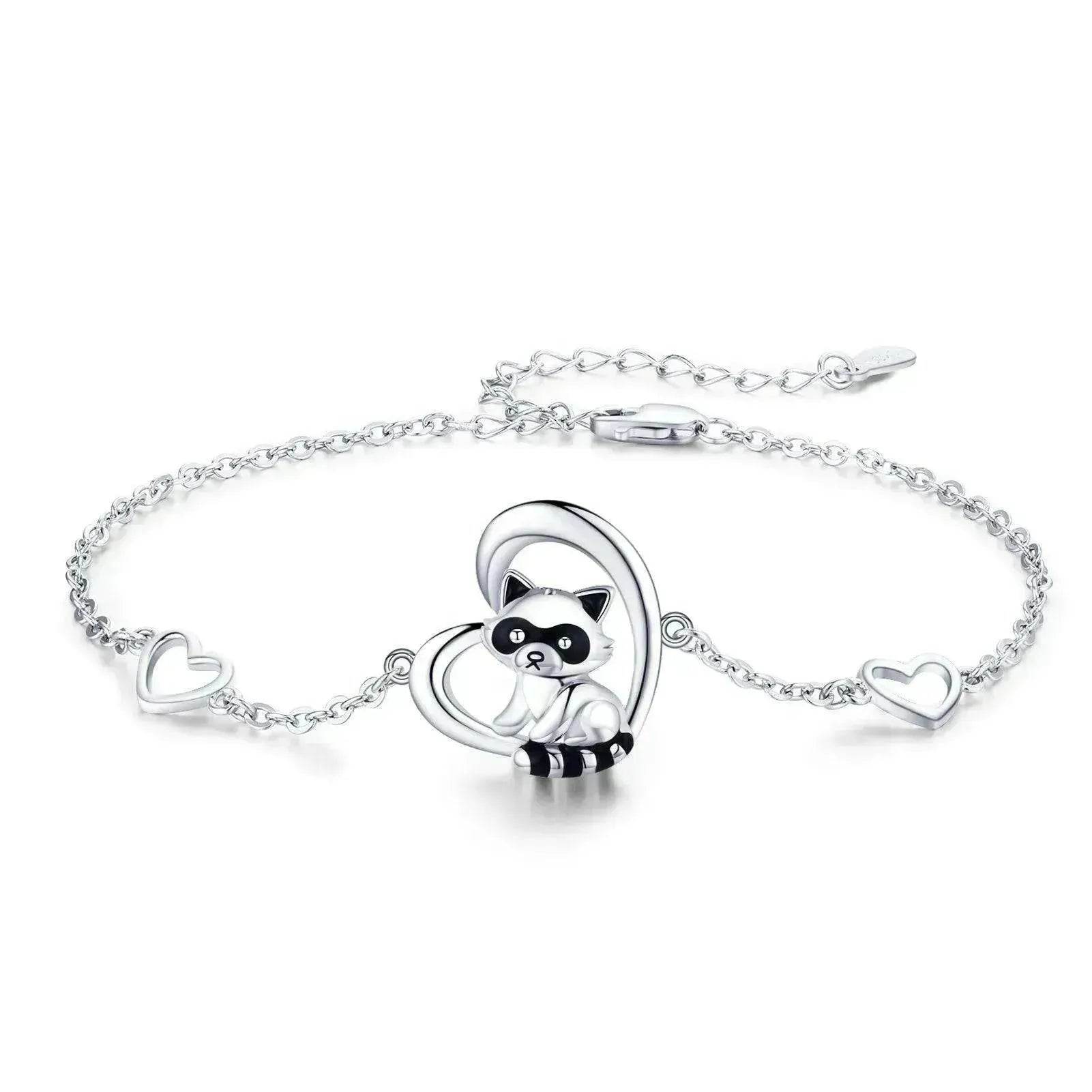 Sterling Silver 925 Heart Shaped Charm Raccoon Bracelet - Velora