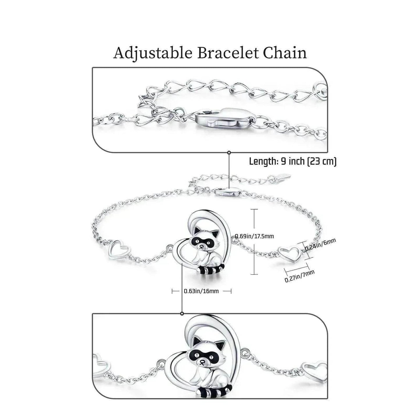 Sterling Silver 925 Heart Shaped Charm Raccoon Bracelet - Velora