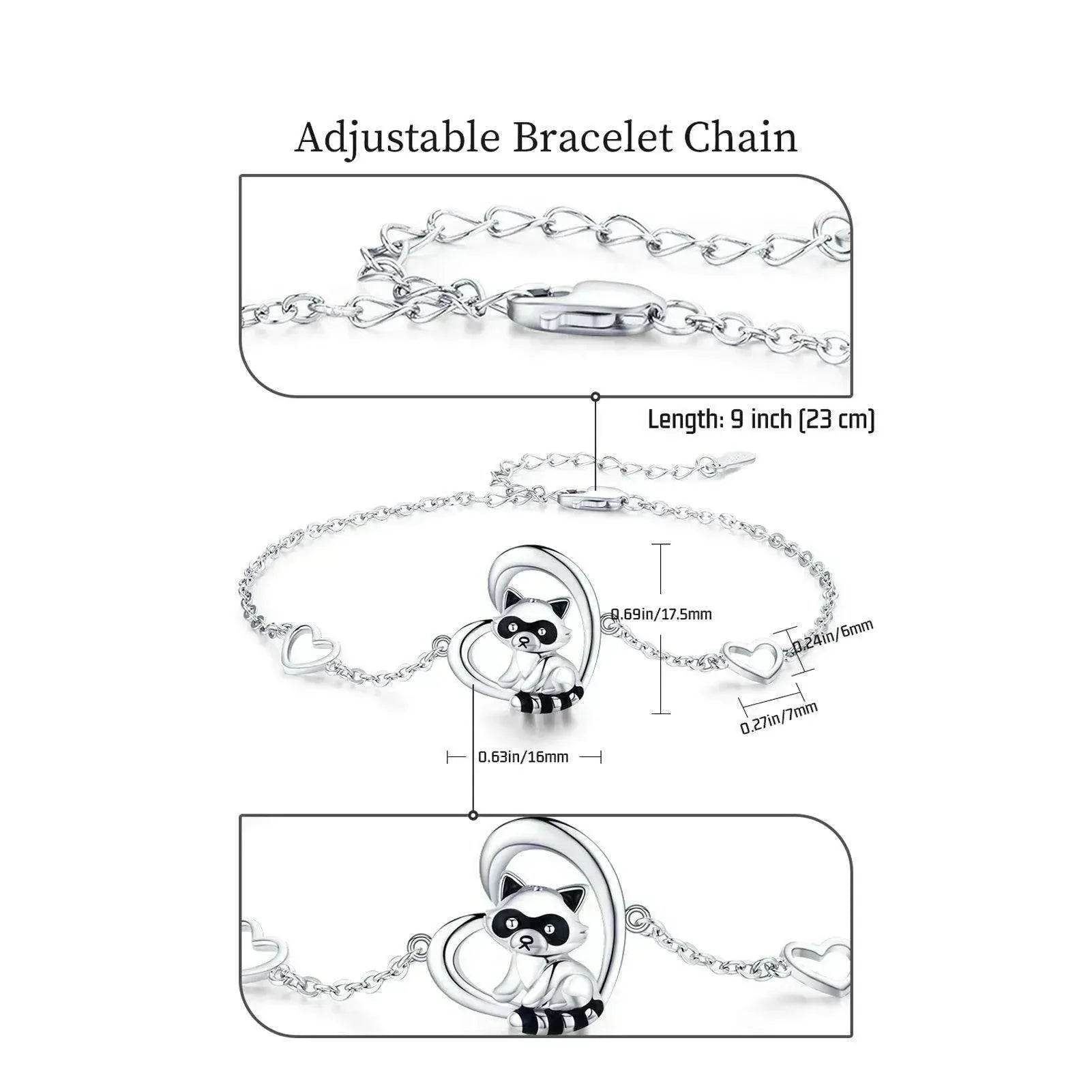 Sterling Silver 925 Heart Shaped Charm Raccoon Bracelet - Velora