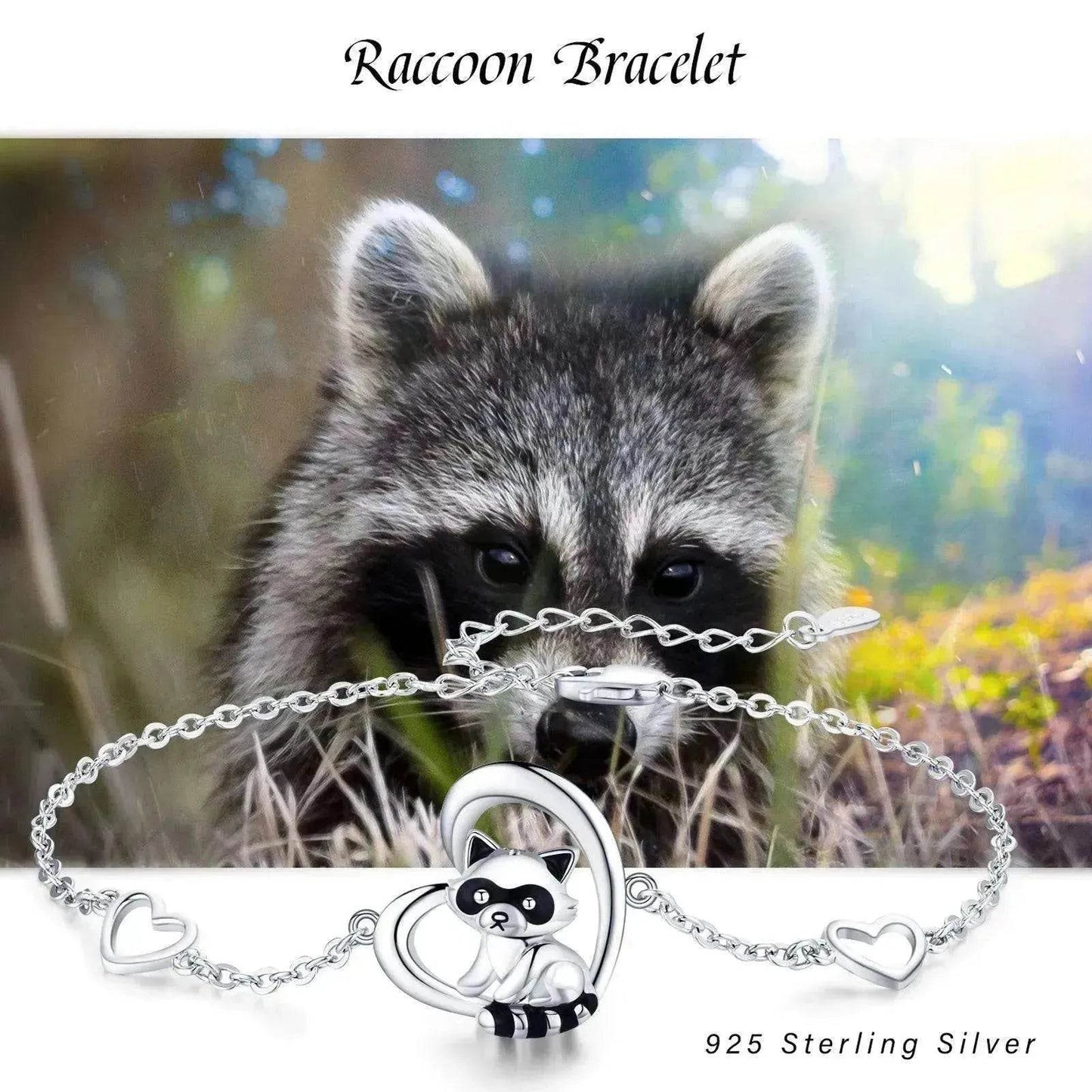 Sterling Silver 925 Heart Shaped Charm Raccoon Bracelet - Velora